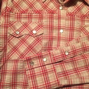 Cabi women’s red/ white plaid shirt pearl snaps